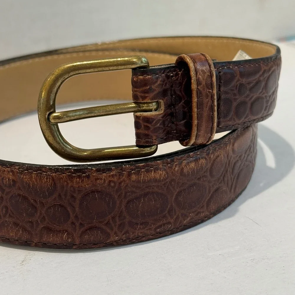 Portfolio Perry Ellis Belt Sz 36 Brown Croc Embossed Leather Solid Brass Western